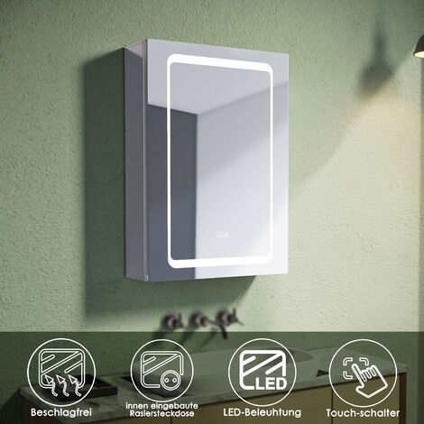 SONNI Aluminium Spiegelschrank mit LED Beleuchtung 50x70cm mit Touch Steckdose und Beschlagfrei Drahtloses Scharnier & Softclose Scharnieren IP44