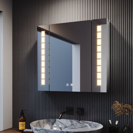 SONNI Aluminium Spiegelschrank mit LED Beleuchtung mit 3 Lichtfarben Dimmbar und Beschlagfrei Drahtloses Scharnier & Softclose Scharnieren 65x60cm