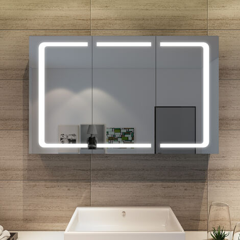 SONNI Armario con Espejo LED Espejo de Baño 3 Puertas 1050 x 650 x 130 mm Espejo de Baño Armario de Pared Armario de Baño con Iluminación con Enchufe