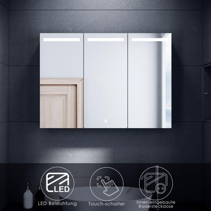Armoire de toilette led avec éclairage Miroir de salle de bain Prise tactile Acier inoxydable 90x65cm Charnières sans fil Design - Sonni