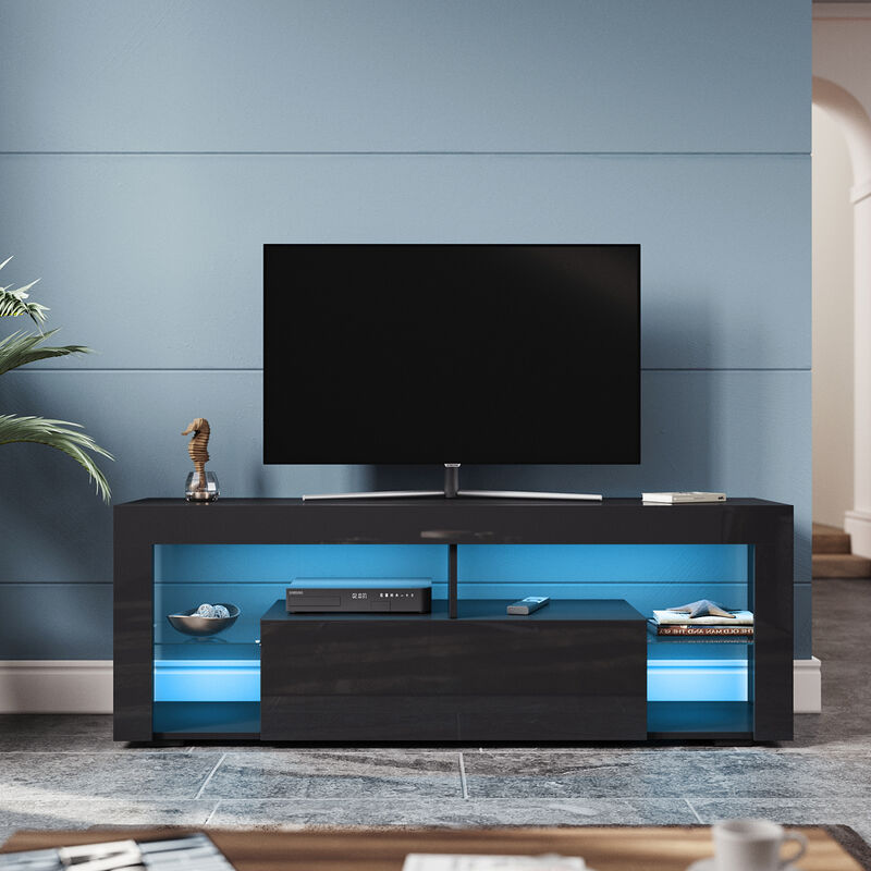 SONNI Armoire TV noire TV Lowboard avec éclairage LED 140x35x50.5cm, avec porte abattante étagère en verre Meuble TV brillant