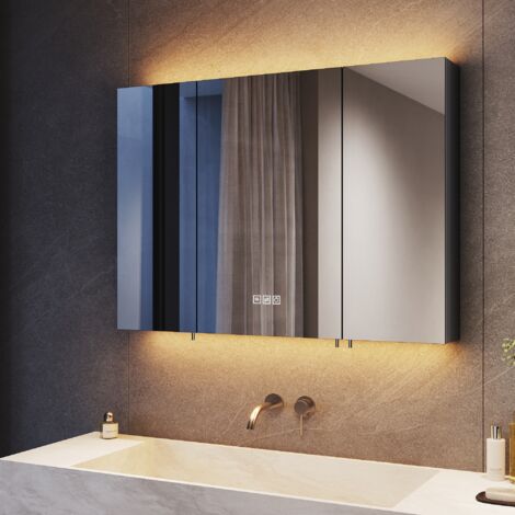 SONNI Badezimmer Spiegelschrank, Badspiegel mit LED Beleuchtung mit 3 einstellbar Lichtfarben, Mattschwarzer Beschlagfreier Badezimmer-Medizinschrank mit Ambientelicht 90x65 cm