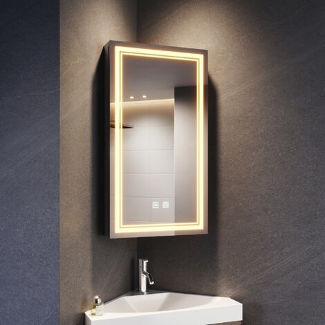 SONNI Badezimmer Spiegelschrank, Badspiegel mit LED Beleuchtung mit 3 einstellbar Lichtfarben, Mattschwarzer Eck-Medizinschrank mit Steckdosen, 38.5x70 cm