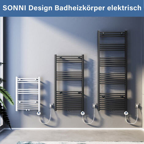 SONNI Badezimmerheizkörper Elektroheizkörper Handtuchtrockner  gebogen Bad-Heizkörper Mittelanschluss  Weiß 1640x600mm Leistung 900W