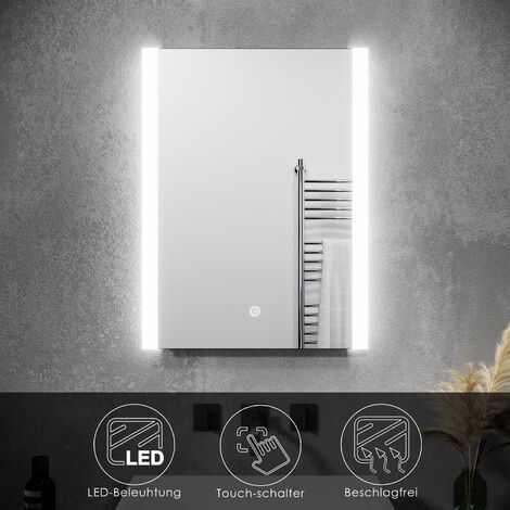 SONNI Badezimmerspiegel LED-Beleuchtung Lichtspiegel energiesparender Spiegel Beschlagfreier Badezimmerspiegel mit Touch-Schalter 60 x 80 cm kaltweiß IP44