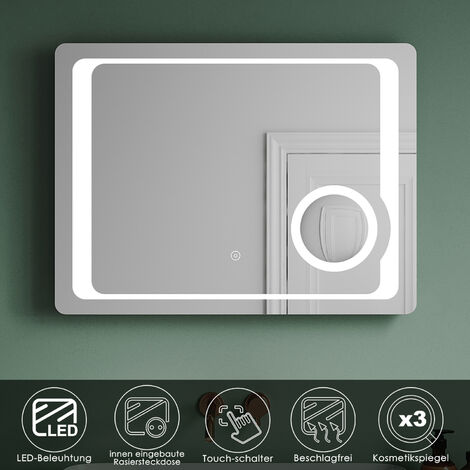 SONNI Badezimmerspiegel LED Energiesparender Wandspiegel mit Beleuchtetem Touch-Schalter 80x60 cm IP44 mit Rasiersteckdose