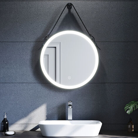 SONNI Badezimmerspiegel mit Beleuchtung Badspiegel LED Rund 60x60cm Schwarz Touch-Schalter Beschlagfrei kaltweißes Licht verstellbarer Ledergürtel IP44 Energiesparend
