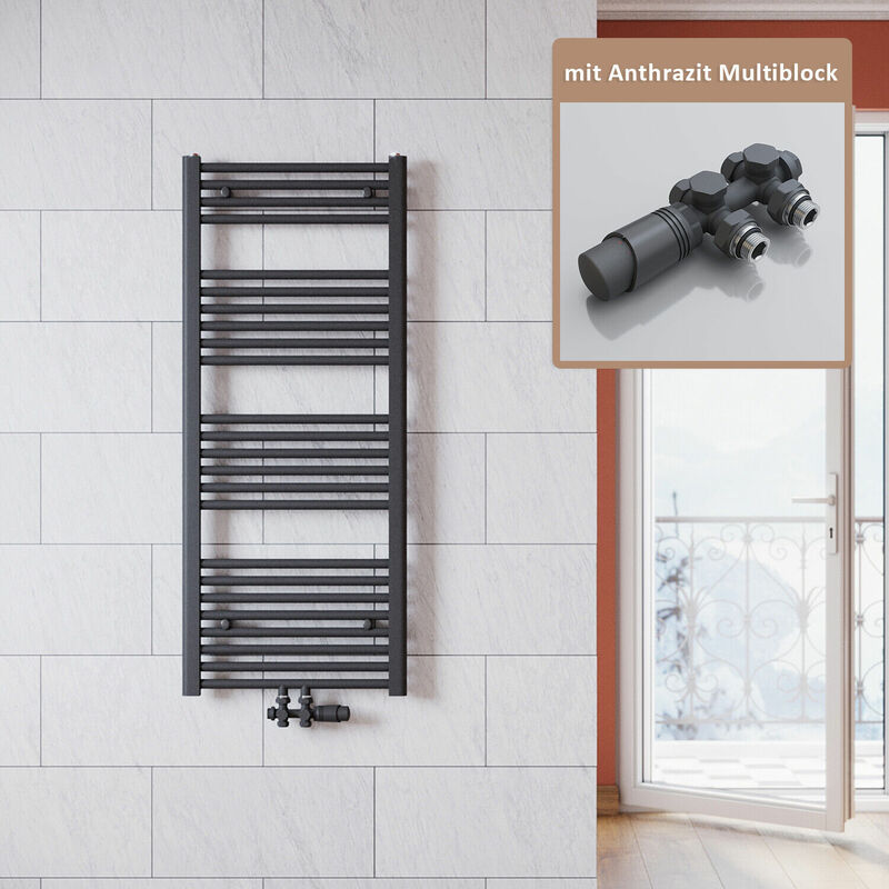 Badheizkörper Anthrazit 1200x500mm Heizkörper thermostatkopf Handtuchtrockner Bad,mit Ventil,601 Watt - Sonni