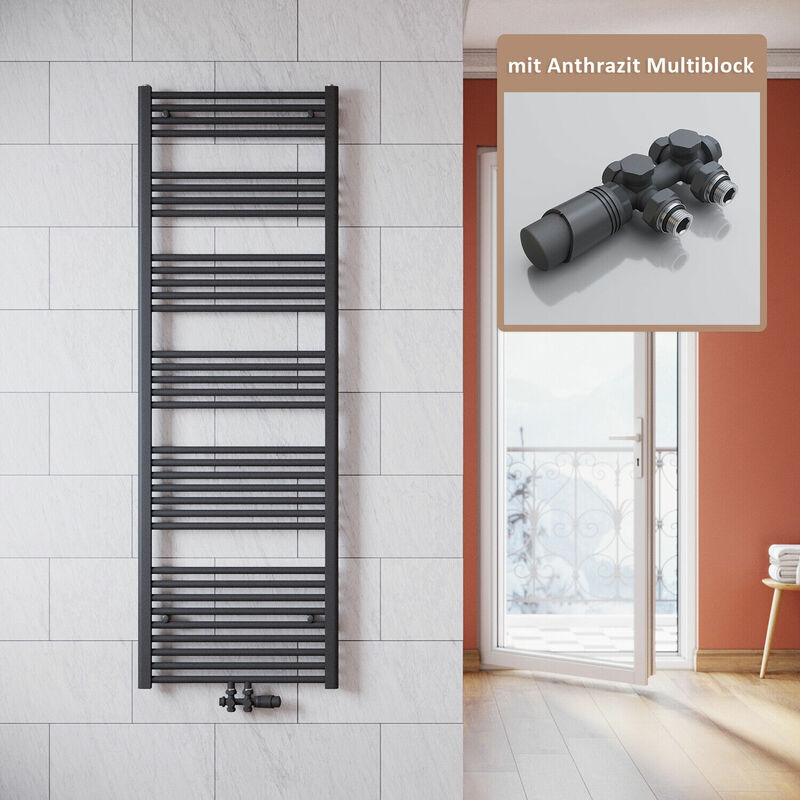 Sonni - Badheizkörper Anthrazit 1800x600mm Heizkörper thermostatkopf Handtuchtrockner Bad,mit Ventil,998 Watt