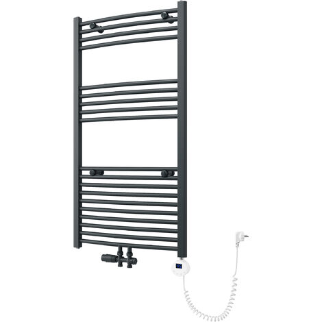 SONNI Badheizkörper Elektrisch mit Thermostat, Handtuchheizkörper Elektrisch Panel Handtuchhalter Mittelanschluss Warmwasser Handtuchtrockner Mit Ventil , Anthrazit gebogen,1150 x 600mm Leistung 400W