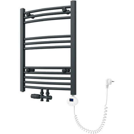 SONNI Badheizkörper Elektrisch mit Thermostat, Handtuchheizkörper Elektrisch Panel Handtuchhalter Mittelanschluss Warmwasser Handtuchtrockner Mit Ventil , Anthrazit gebogen,700 x 500mm Leistung 400W