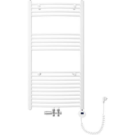 SONNI Badheizkörper Elektrisch mit Thermostat, Handtuchheizkörper Elektrisch Panel Handtuchhalter Mittelanschluss Warmwasser Handtuchtrockner Mit Ventil , Weiß gebogen,1150 x 600mm Leistung 400W