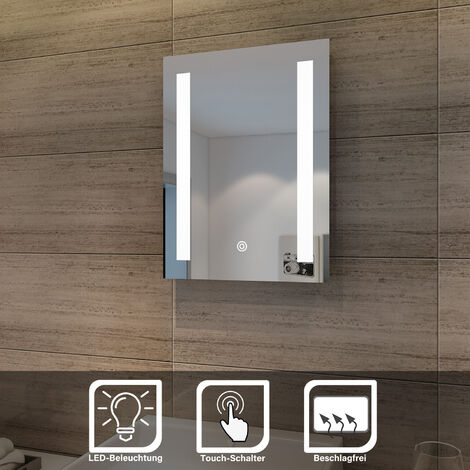 SONNI Badspiegel 50x70cm Spiegel (eckig) mit Sensor-Schalter LED-Beleuchtung kaltweiß IP44 [Energieklasse A+]