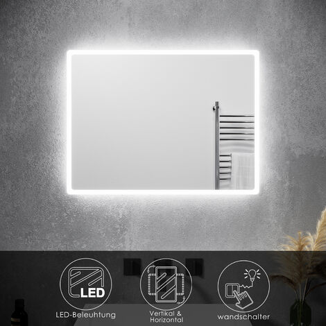 SONNI Badspiegel Badezimmerspiegel LED Beleuchtung Kupfer/bleifreie Wandspiegel kaltweiß licht  Wandschalter  Energiesparender 80x60cm Vertikal/Horizontal Schutzklasse IP44