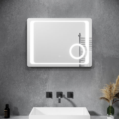 SONNI Badspiegel Badezimmerspiegel LED Beleuchtung Wandspiegel 80x60cm kaltweiß licht Touch Beschlagfrei Rasiersteckdose Vergrößerung Energiesparender,IP44