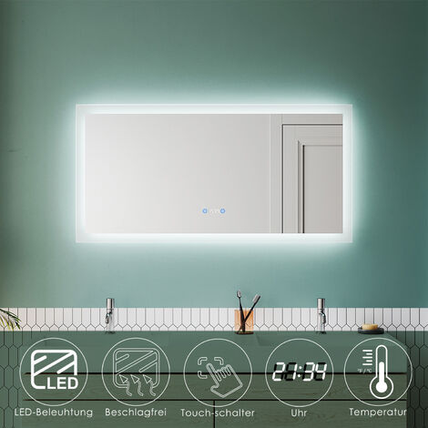 SONNI Badspiegel LED Touch Beleuchtung Uhr Beschlagfrei Badezimmerspiegel mit LED 120 Wandspiegel mit automatischem Anti-Beschlag 120x60cm Energiesparender IP44