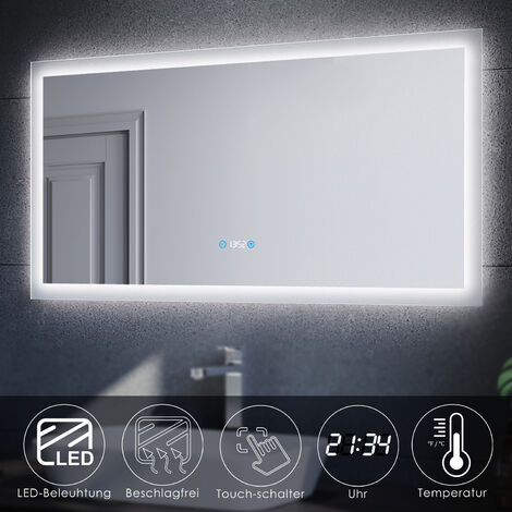 SONNI Badspiegel LED Touch mit Beleuchtung Uhr Beschlagfrei Wandspiegel Kupfer/bleifreie Wandspiegel 120x60cm IP44