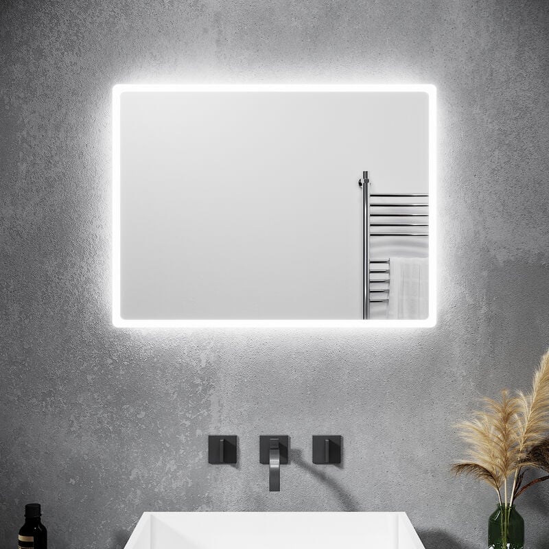 Miroir de salle de bain Miroir lumineux cuivre/sans plomb Miroir mural 80 x 60cm blanc froid IP44 économe en énergie - Sonni
