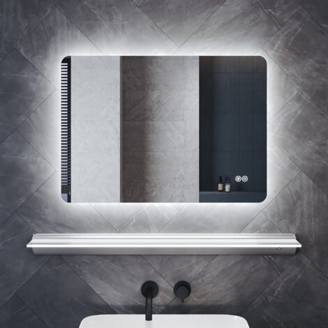 SONNI Badspiegel mit Anti-Beschlag Beleuchteter Ablage, Moderner LED Badezimmerspiegel mit Touch-Bedienung 3 Lichtfarben und Dimmfunktion, 70x50cm