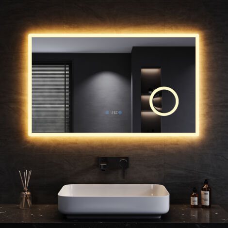 SONNI Badspiegel mit Beleuchtung 3 einstellbare Lichtfarbe, Anti-Beschlag LED Badspiegel Lichtspiegel Wandspiegel mit Touchschalter, Uhr, Temperatur, 100x60cm
