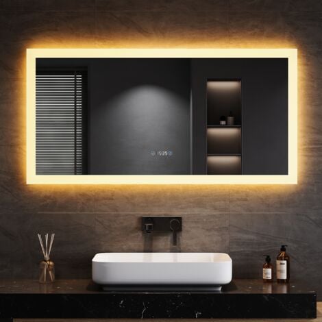 SONNI Badspiegel mit Beleuchtung 3 einstellbare Lichtfarbe, Anti-Beschlag LED Badspiegel Lichtspiegel Wandspiegel mit Touchschalter, Uhr, Temperatur, 120x60cm