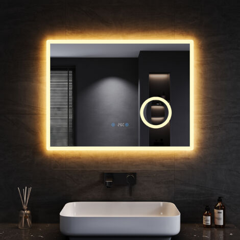 SONNI Badspiegel mit Beleuchtung 3 Einstellbare Lichtfarbe, Anti-Beschlag LED Badspiegel Lichtspiegel Wandspiegel mit Touchschalter, Uhr, Temperatur, 80x60cm