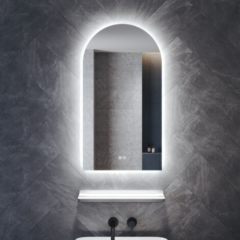SONNI Badspiegel mit Beleuchtung Bogen 90x50cm, LED Badspiegel mit Beleuchtete Ablage Steckdose 3 Lichtfarbe Dimmbar Anti-Beschlag
