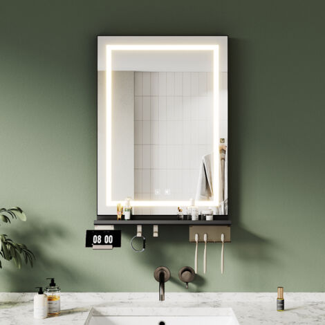 SONNI Badspiegel mit LED Beleuchtung Ablage, Antibeschlag, 3-Farben Beleuchtung und Einstellbare Helligkeit, 500×700, 4-Seitige Lichtleiste