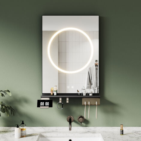 SONNI Badspiegel mit LED Beleuchtung Ablage, Antibeschlag, 3-Farben Beleuchtung und Einstellbare Helligkeit, 500×700, kreisförmige Lichtleiste