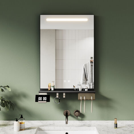 SONNI Badspiegel mit LED Beleuchtung Ablage, Antibeschlag, 3-Farben Beleuchtung und Einstellbare Helligkeit, 500×700, Obere Lichtleiste