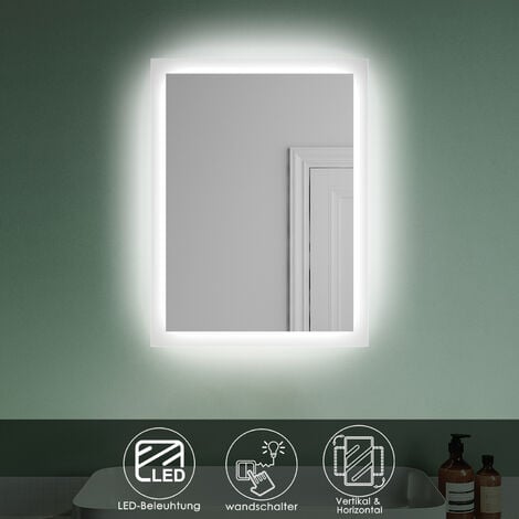 SONNI Badspiegel mit LED-Beleuchtung Lichtspiegel mit Touch-Schalter 50 x 60 cm kaltweiß Energiesparender IP44 Badezimmer Wandspiegel mit Touch-Schalter