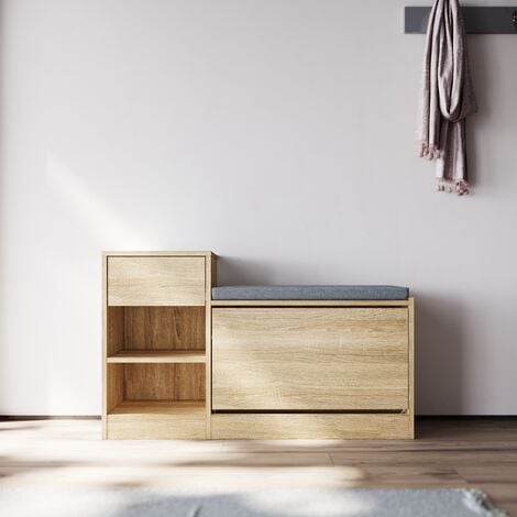 SONNI Banco zapatero con cojín de asiento, Mueble zapatero con puerta abatible y cajón, Zapatero multifuncional, Aspecto madera, 945 x 570 x 300 mm