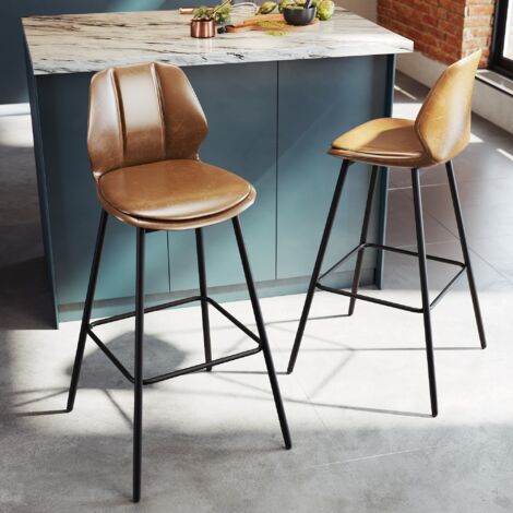 SONNI Barhocker 2er Set Barhocker Küchenhocker Bistro-Hocker mit Rückenlehne und Fußstütze Design Belastbar 130 kg, Brauner Sitz + Schwarze Beine
