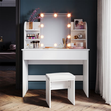 SONNI Coiffeuse avec éclairage Miroir et  108x40x140cm Blanc Coiffeuse 3 modes d'éclairage 10 luminosités Fonction mémoire