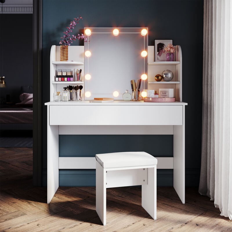 Coiffeuse avec éclairage Miroir et tabouret 108x40x140cm Blanc Coiffeuse 3 modes d'éclairage 10 luminosités Fonction mémoire - Sonni