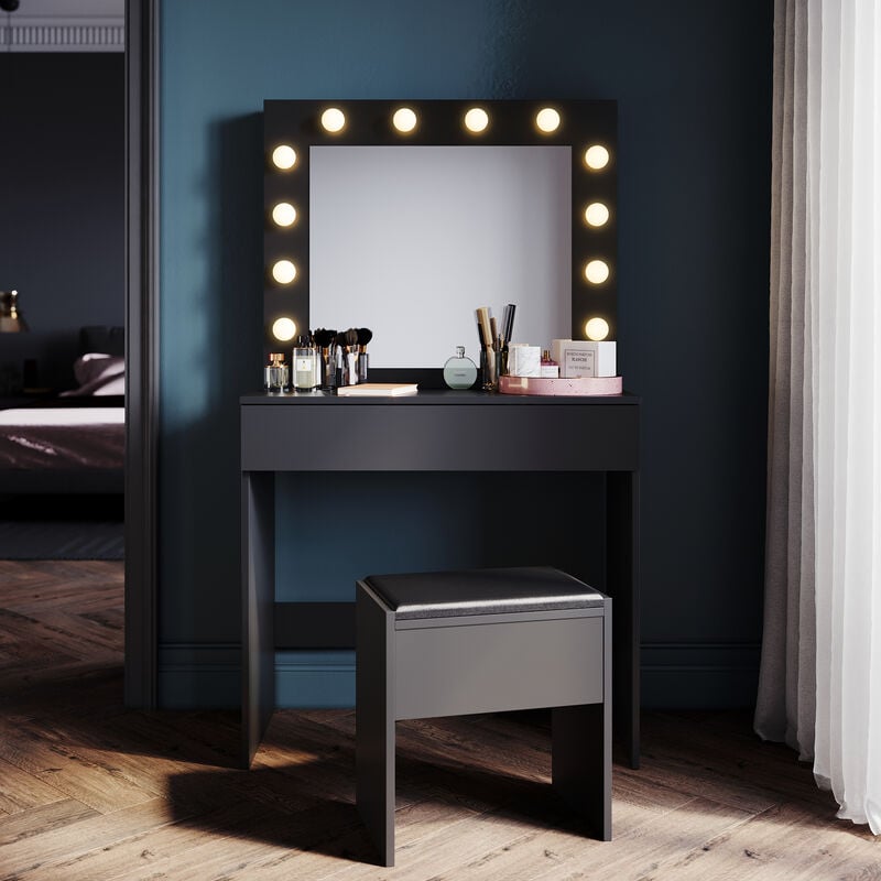 Coiffeuse, coiffeuse, avec miroir, 1 tiroir, 1 tabouret, 12 ampoules LED,luminosité réglable, moderne,Noir - Sonni