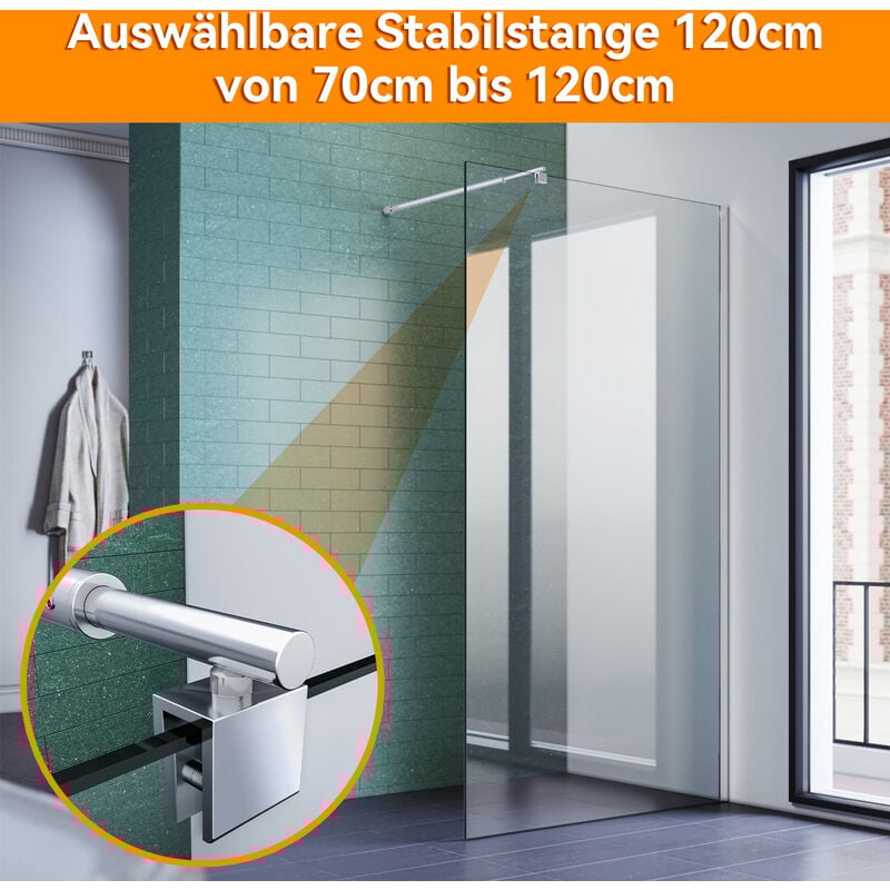 Walk In Douche Paroi de douche Cabine de douche 8mm nano-revêtement verre esg 110x200cm Klarglas mit ausziehbar Stabilisator 70-120cm - Sonni