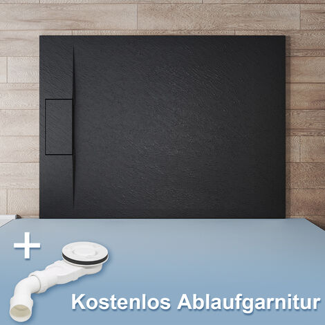 SONNI Duschtasse Duschwanne Flach SMC für Duschkabine Badezimmer Schiefer-Textur inkl.Ablaufgarnitur Antirutsch Schneidbaren Design 120x90cm Schwarz