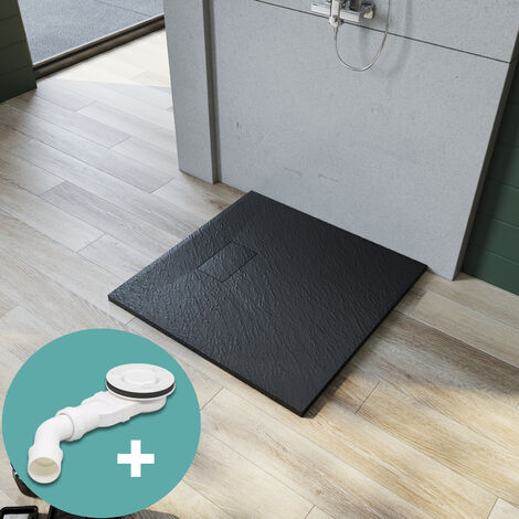 SONNI Duschwanne Duschtasse Dusche Flach SMC inkl.AblaufgarniturAntirutschSchneidbaren Design Schwarz 80 x 80 cm