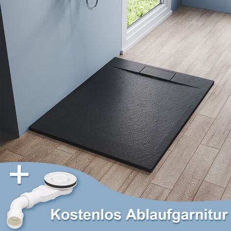 SONNI Duschwannen 120x90cm Flach Duschtasse hochwertige für Duschkabine Badezimmer SMC Schwarz 32mm Schiefer-Textur inkl.Ablaufgarnitur Antirutsch Schneidbaren Design