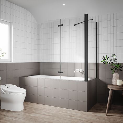 SONNI Ecran de Baignoire Panneau de Baignoire Pliant et Pivotant Verre Trempé NANO ESG 6mm Noir Mat 120x140cm,avec paroi latérale 70x140 cm