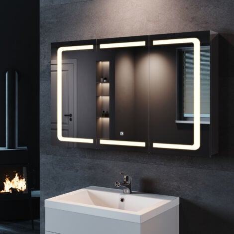 SONNI Edelstah Spiegelschrank mit LED Beleuchtung 3 Einstellbare Lichtfarben mit Touch Steckdose Badschrank Badspiegel 105x65cm