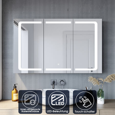 SONNI Edelstah Spiegelschrank mit LED Beleuchtung mit Touch Steckdose Badschrank Badspiegel 105x65cm - verchromt glänzend