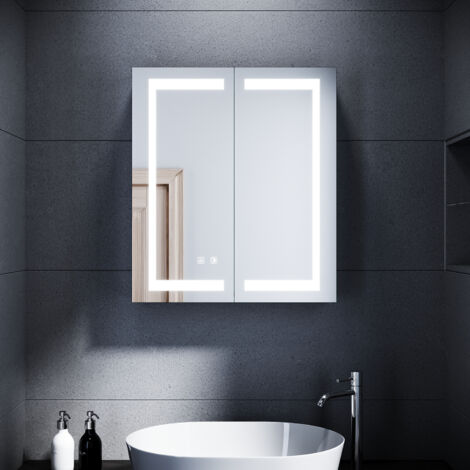 SONNI Edelstahl LED Spiegelschrank mit Beleuchtung 3 Lichtfarben Dimmbar, 60x70cm Touch Steckdose Beschlagfrei Badschrank Spiegel Kabelloses Scharnier Design