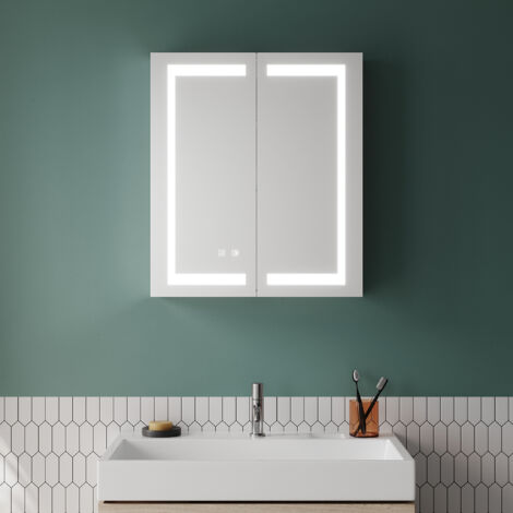 SONNI Edelstahl LED Spiegelschrank mit Beleuchtung 3 Lichtfarben Dimmbar, Badschrank Spiegel 60x70cm,Touch+Steckdose+Beschlagfrei,Drahtloses Scharnier Design