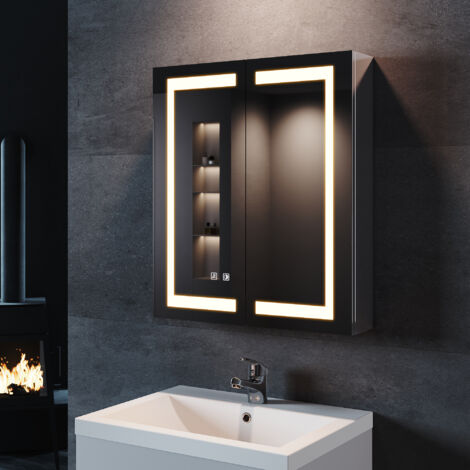 SONNI Edelstahl LED Spiegelschrank mit Beleuchtung 3 Lichtfarben Dimmbar, Touch+Steckdose+Beschlagfrei,Drahtloses Scharnier Design 60x70cm