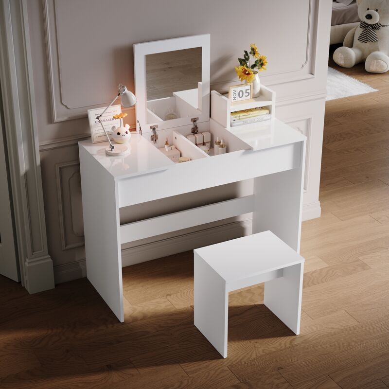 Sonni - Ensemble Coiffeuse Moderne, Bureau de Maquillage 2 en 1 avec Chaise Miroir, Pour le Travail de Maquillage et les Études, Blanc