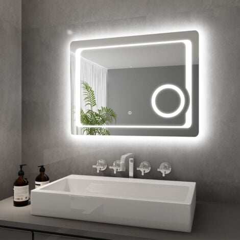SONNI Espejo Baño con Luz Aumento Antivaho 80x60 cm Espejo Baño LED Pared con Interruptor Táctil y Enchufe Incorporado