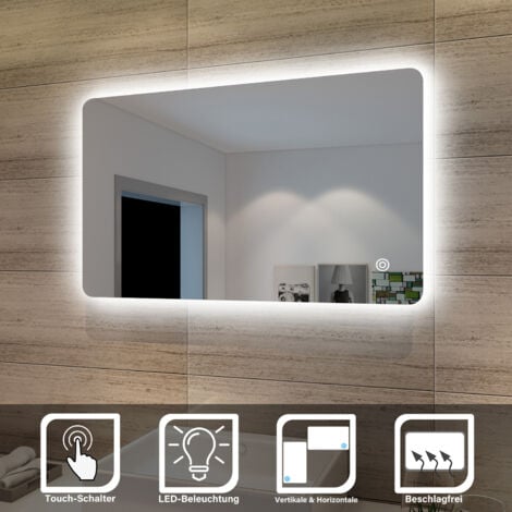  Espejo iluminado LED de 60x80, espejo de tocador de maquillaje,  interruptor táctil, baño, dormitorio, sala de estar, luz blanca  horizontal/vertical : Hogar y Cocina