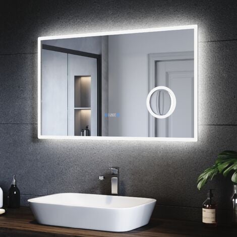 SONNI 100 x 60 cm Espejo de Baño con LED Función Antiniebla Espejo con Interruptor Táctil Indicación de Temperatura y Reloj 3 Veces Amplificada